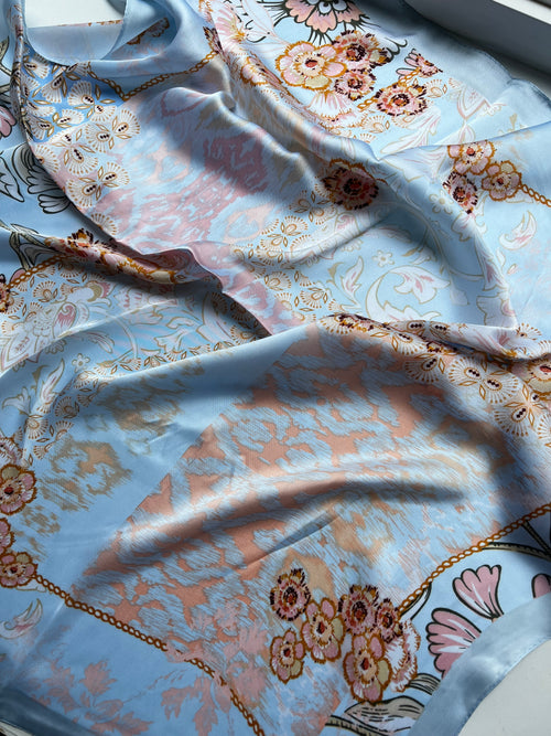 Silky Scarf Square | Pale Plue w Flowers