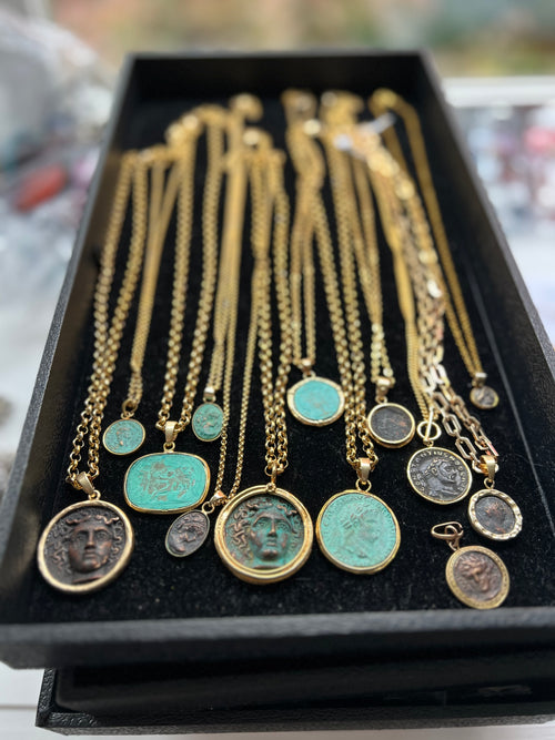 Italian Coin Necklace | Aqua Oval