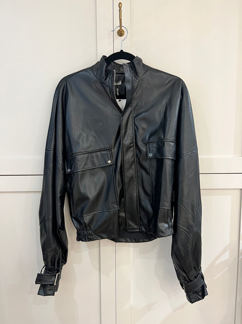 Black Faux Leather Bomber Jacket
