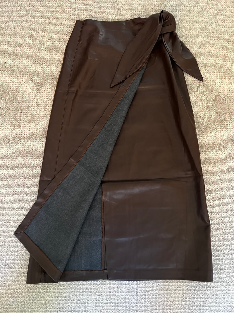 Long Brown Leather Wrap Skirt Women Pencil Slit Skirt Faux Leather
