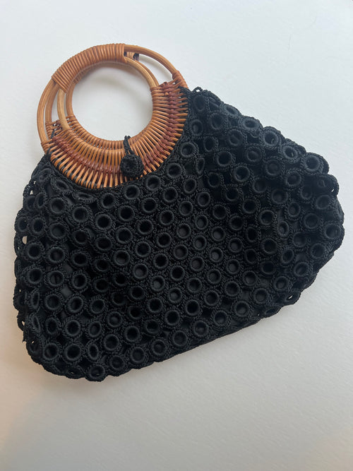Black Crochet and Rattan Handbag