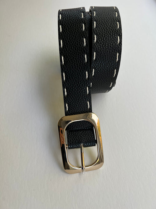 Black Leather Belt  | White Stitching