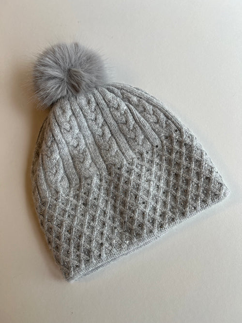 Cable Knit Swarovski Toque | Grey