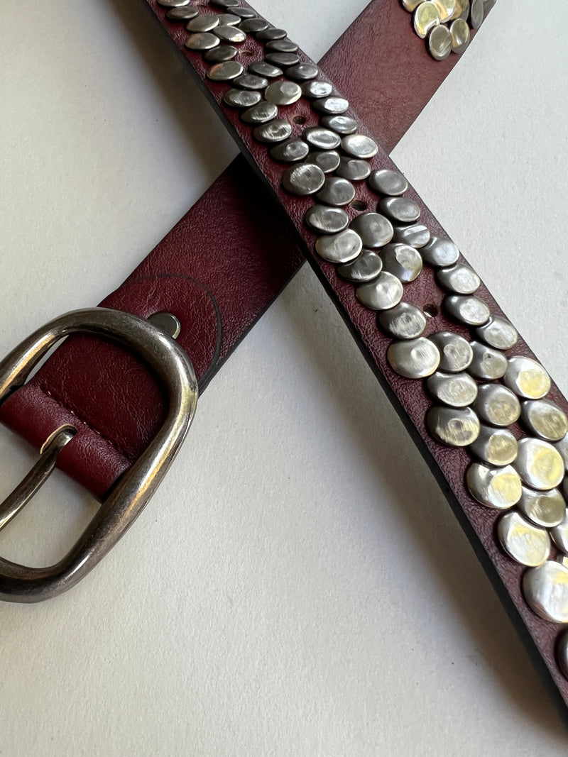 Ladies Bordeaux Leather Belt  | Silver Hammered Studs