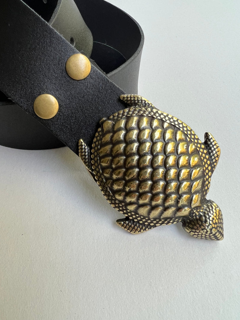 Ladies Black Leather Belt | Turtle Buckle