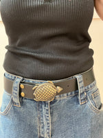 Ladies Black Leather Belt | Turtle Buckle