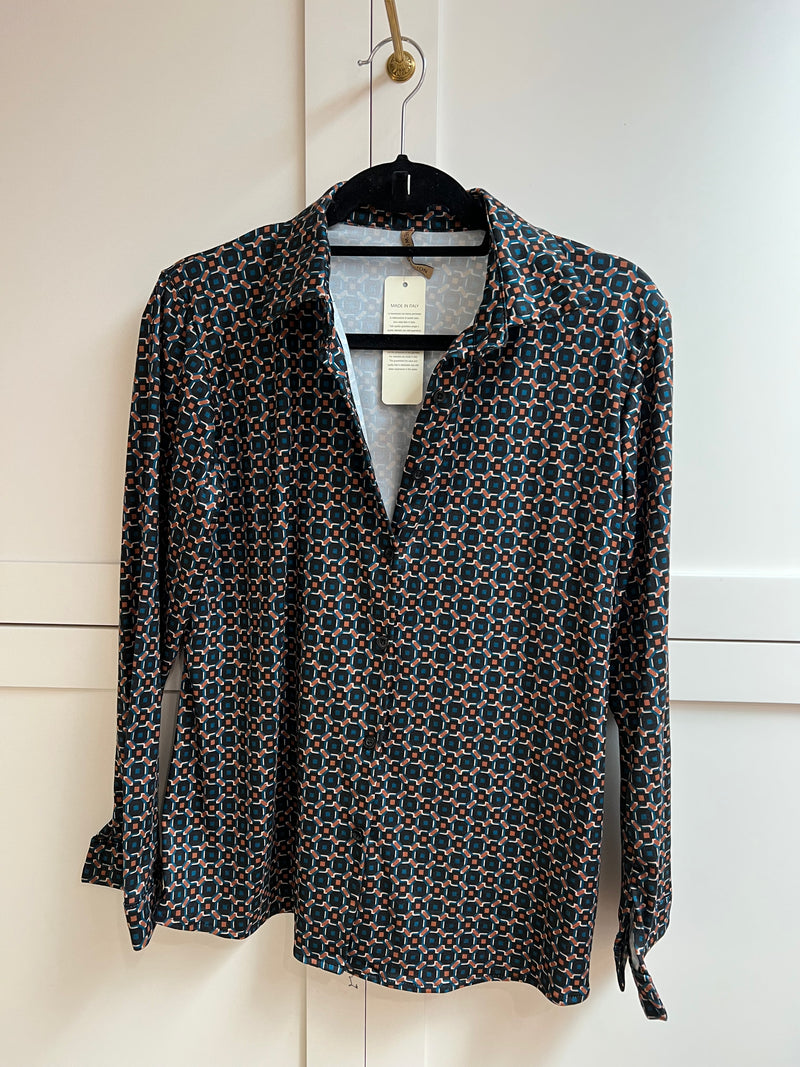 Ladies Jersey Italian Blouse | Teal, Black & Rust Cross