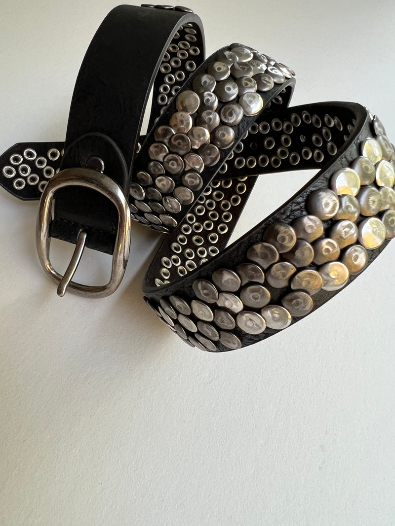 Ladies Black Leather Belt  | Silver Hammered Studs