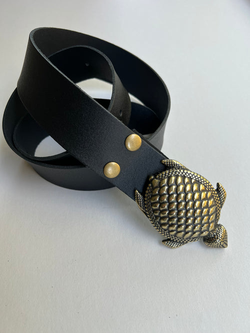Ladies Black Leather Belt | Turtle Buckle