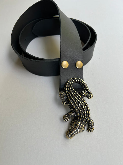 Ladies Black Leather Belt | Alligator Buckle